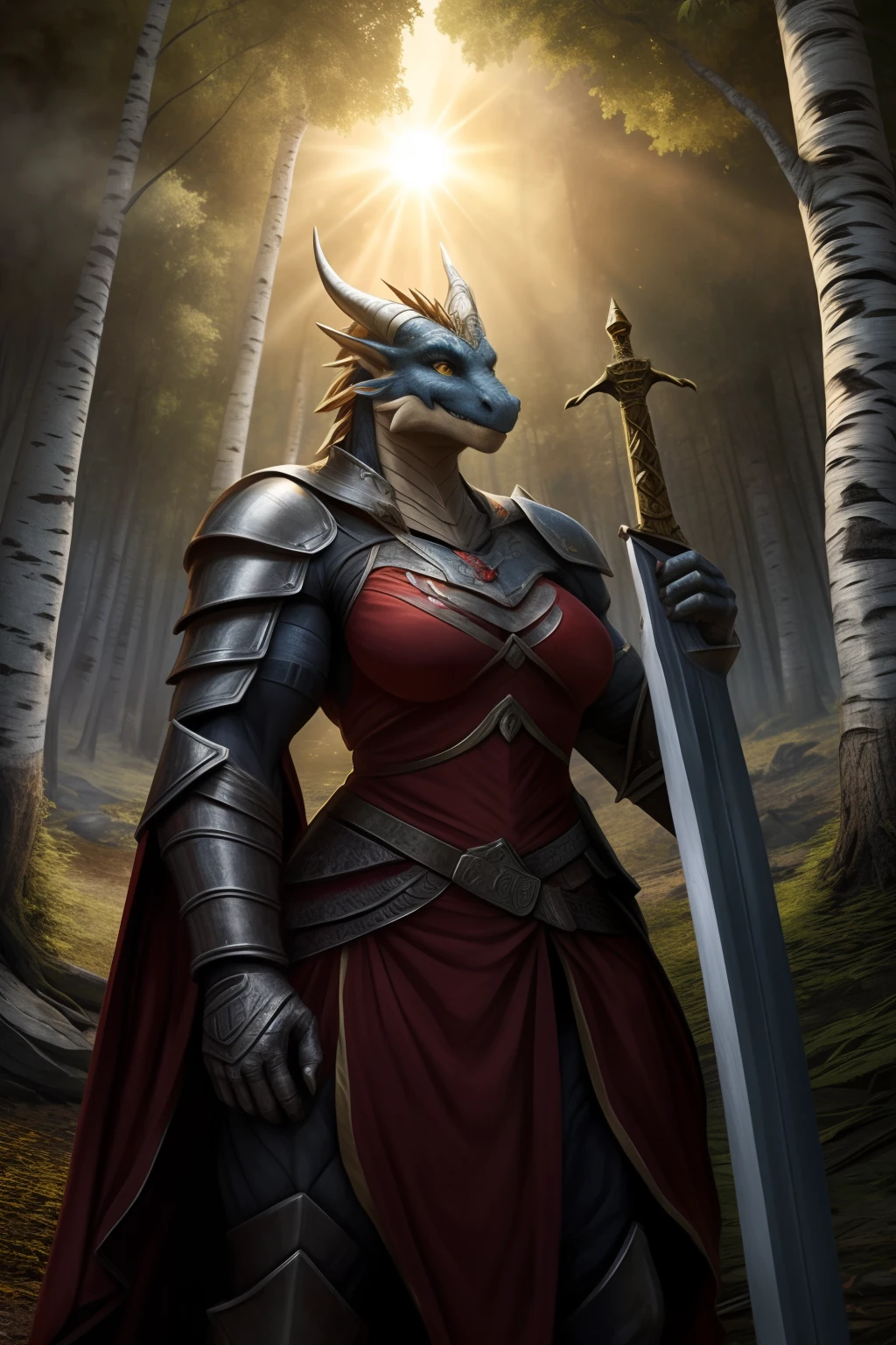 ((Anthro Dragon, The woman, Strong warrior, large muscular body, A big sword in your hands, armor dress) (background  Russian Forest, Birch, Sun light)) in full height