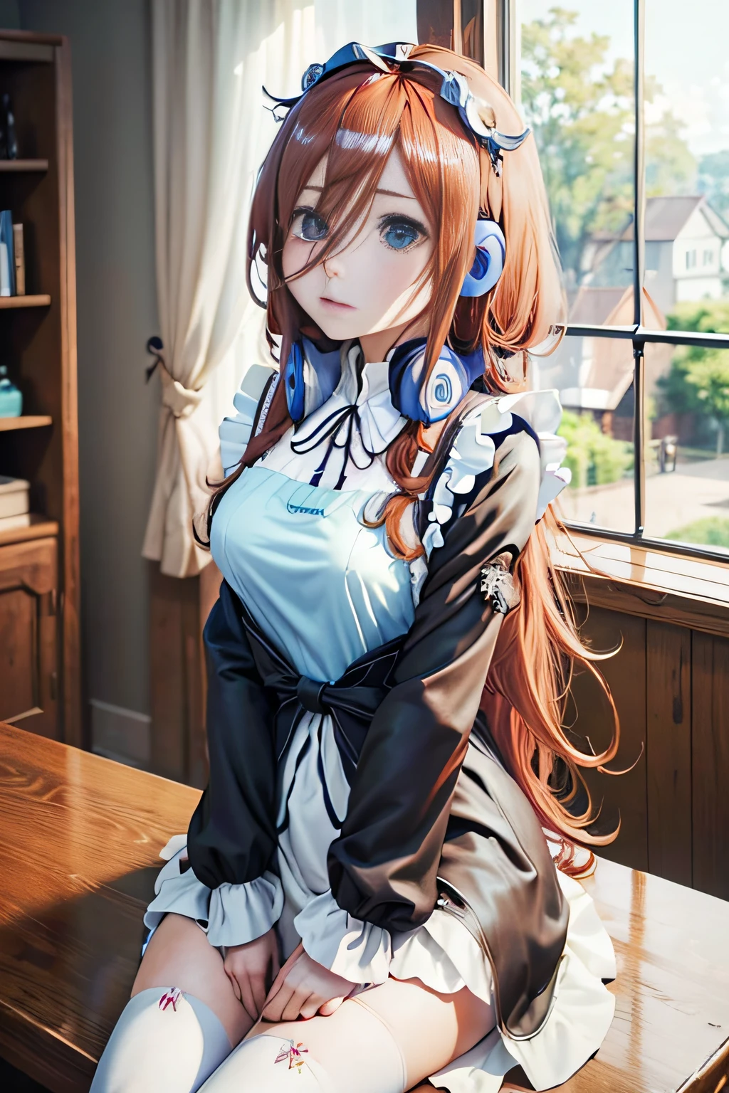 Colors with a calm atmosphere、​masterpiece, hightquality, Hi-Res, Idol、cute little、a beauty girl、Beautuful Women、、cowboy  shot, , sitting on, hoop earrings,Anime、(((head phone)))、((long-haired brown hair))、((maid clothes))、Synthesis of Miku Nakano and Rem、