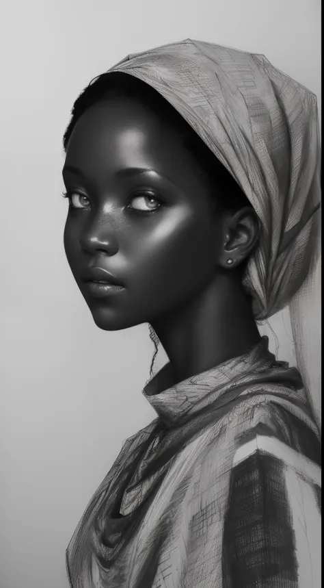 ((high quality, masterpiece:1.4)), 1girl, ((upper body)), portrait sketch of an african woman wearing a veil, messy drawing, mes...