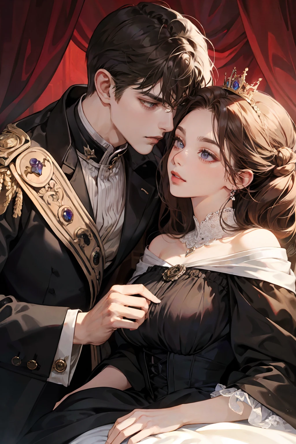 Anime couple in historical dress sitting on a bed with red curtains -  SeaArt AI