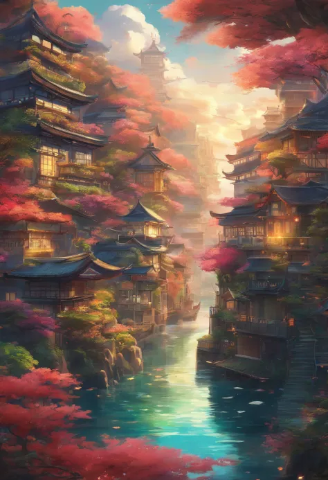 Color (fantasy: 1.2), (in style of hayao miyazaki), (Irregular buildings floating in the sea), patchwork cottages, floral decorations, lamp lights, concept art inspired by Andreas Rocha, Artstation contest winner, Fantasy art, (an underwater city), ross tr...