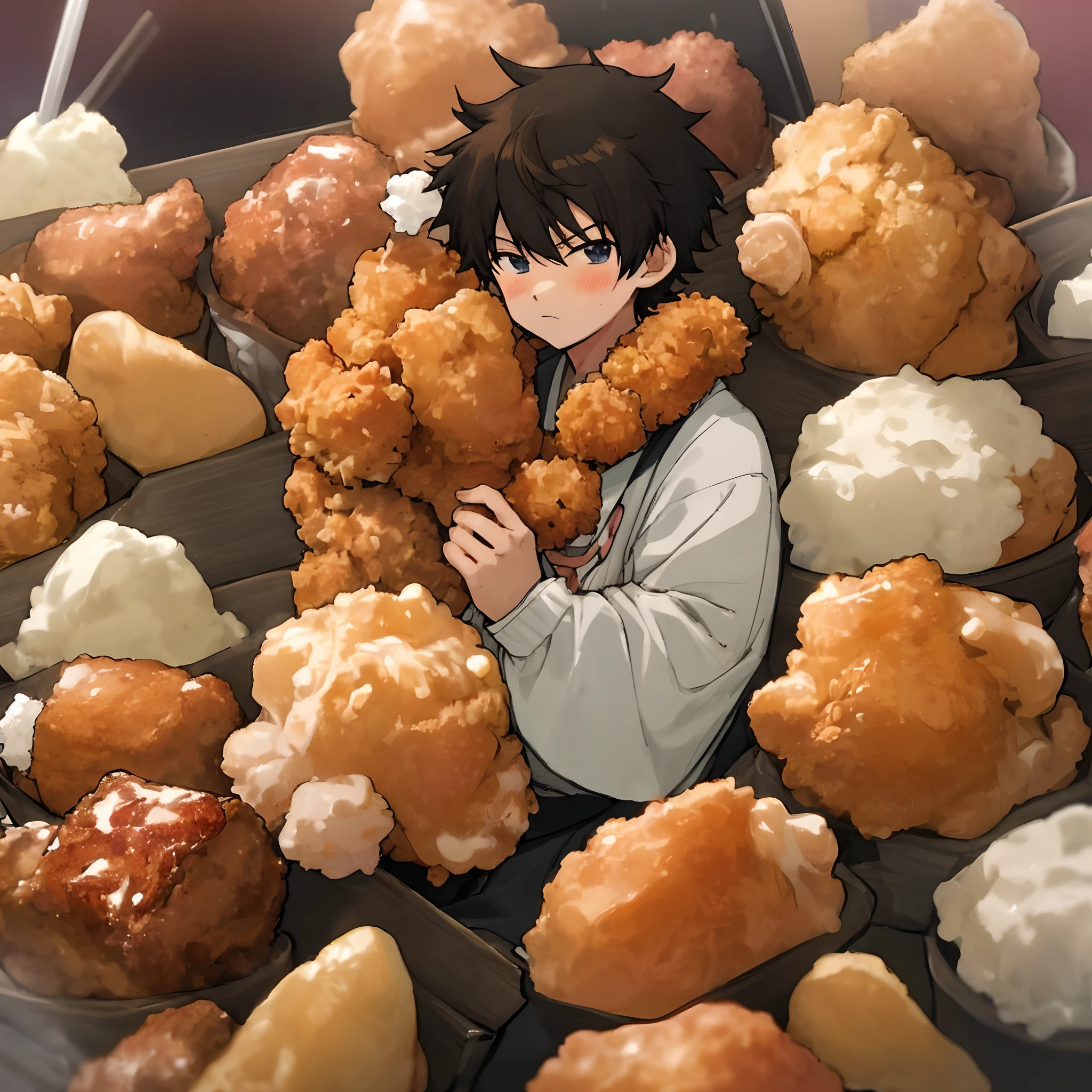 Anime boy surrounded by fried food in a tray - SeaArt AI