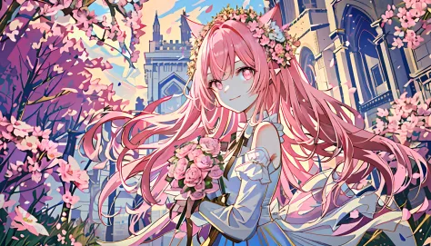 Bride with long pink hair holding a wedding bouquet in both hands，Fox ears and tail，Hold flowers in both hands，Garden background...