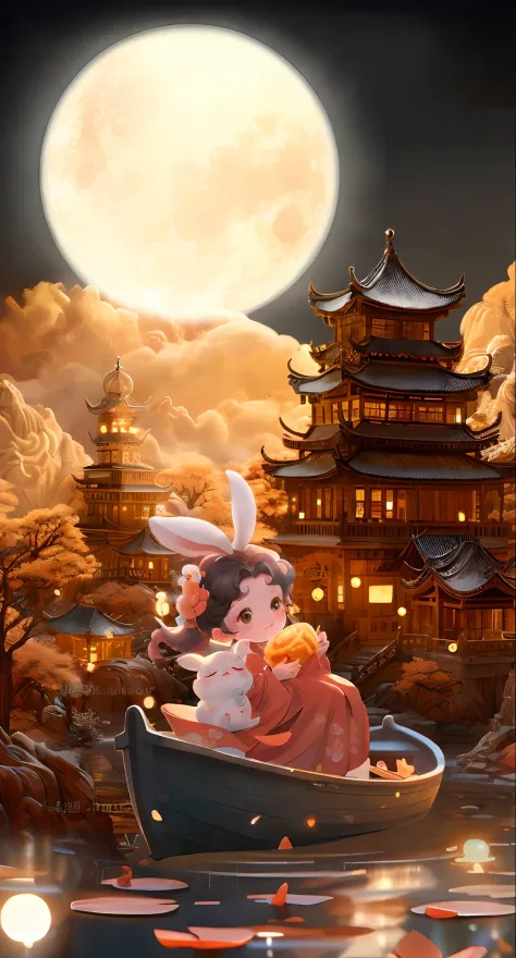 Anime scene of Hanfu girl on board, The background is the full moon。,Palace ，trending on cgstation, A beautiful artwork illustra...