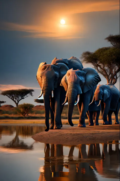 A pack of elephants near a water lake taking a break drinking water, masterpiece, 8K Ultra Real Lighting at dawn, with the moon ...