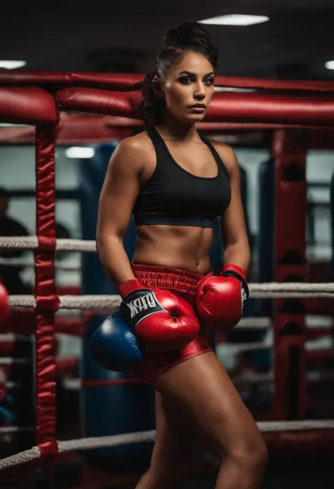 londe super fit girl mma fighter in sports bra and gloves barefoot looking  at the camera, portrayed in full figure with bare legs. - SeaArt AI