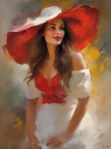 赤い帽子と白いドレスを着た女性の絵, エレガントなデジタル絵画 