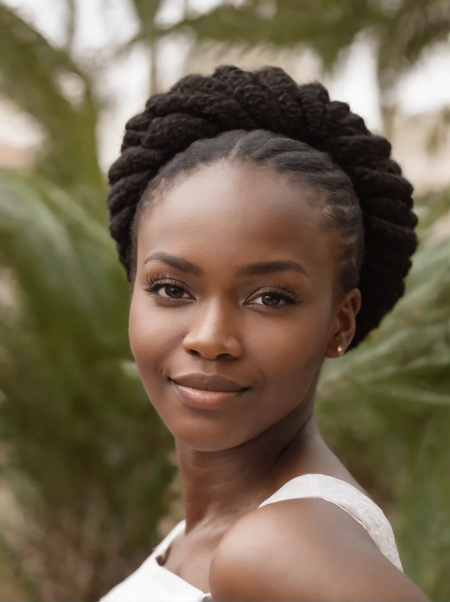 An African woman，ssmile，whitet-shirt，Blank background，((white backgrounid))