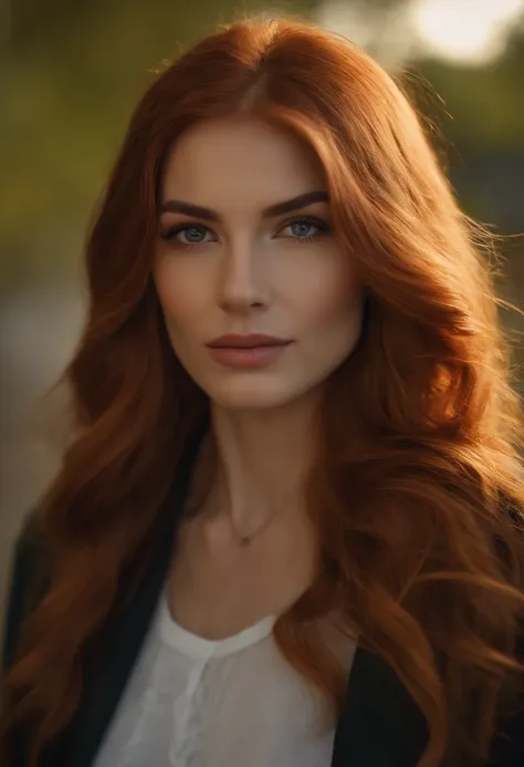 A close up of a woman with long red hair and a white shirt - SeaArt AI