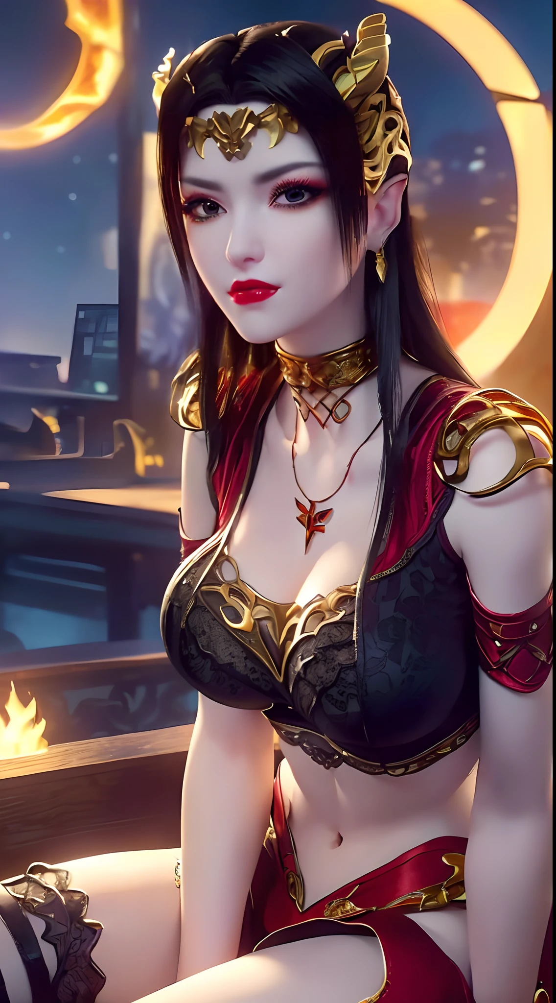 1 beautiful and sexy 20 year old girl, ((wearing a red bra with gold trim:1.8)), ((motifs and rhinestones on the bra:1.7)), ((long black hair:1.6)), jewelry elaborately made from precious stones and beautiful hair, ((wearing a 24k gold lace necklace:1.4))), ((A thin red silk scarf covers half of the face:1.5)), the noble, noble style of an extremely beautiful girl, her small face is super cute, her face is very pretty, thin eyebrows, flawless beautiful face, ((black eye pupils: 0.8)), very beautiful eyes, ((platinum blue eyes: 1.6)), (((big round eyes:1.6))), nice makeup and hair detailed eyelashes, steamy eye makeup, high nose, earrings, red lips, ((closed mouth: 1.5)) beautiful lips, slim hands, most beautiful thighs, ((arms spread out to the sides: 1.5)), rosy face, clean face, flawless beautiful face, smooth white skin, (big breasts: 1.5)), ((high breasts: 1.6)), tight breasts, beautiful cleavage, (((big breasts and super round: 1.8))), ((super tight breasts: 1.7)) , beautiful breasts, perfect body, ((sitting position bent over with chest up and arms behind: 1.6)), ((thin red mesh stockings with black lace trim:1.6)), 8k photo, super high quality, super realistic, super 10x pixels, optical, bright studio, bright edges, dual-tone lighting, (high-detail skin:1.2), super 8k, soft lighting, high quality, volumetric lighting, photorealistic, photorealistic high resolution, lighting, best photo, 4k, 8k quality, blur effect, smooth sharp, 10 x pixel, ((night sky and firefliesbackground:1.5)), aurora, lightning, super graphics realistic, most realistic graphics, 1 girl, alone, solo, Extremely sharp image, surreal, (((frontal portrait:1.6)))."