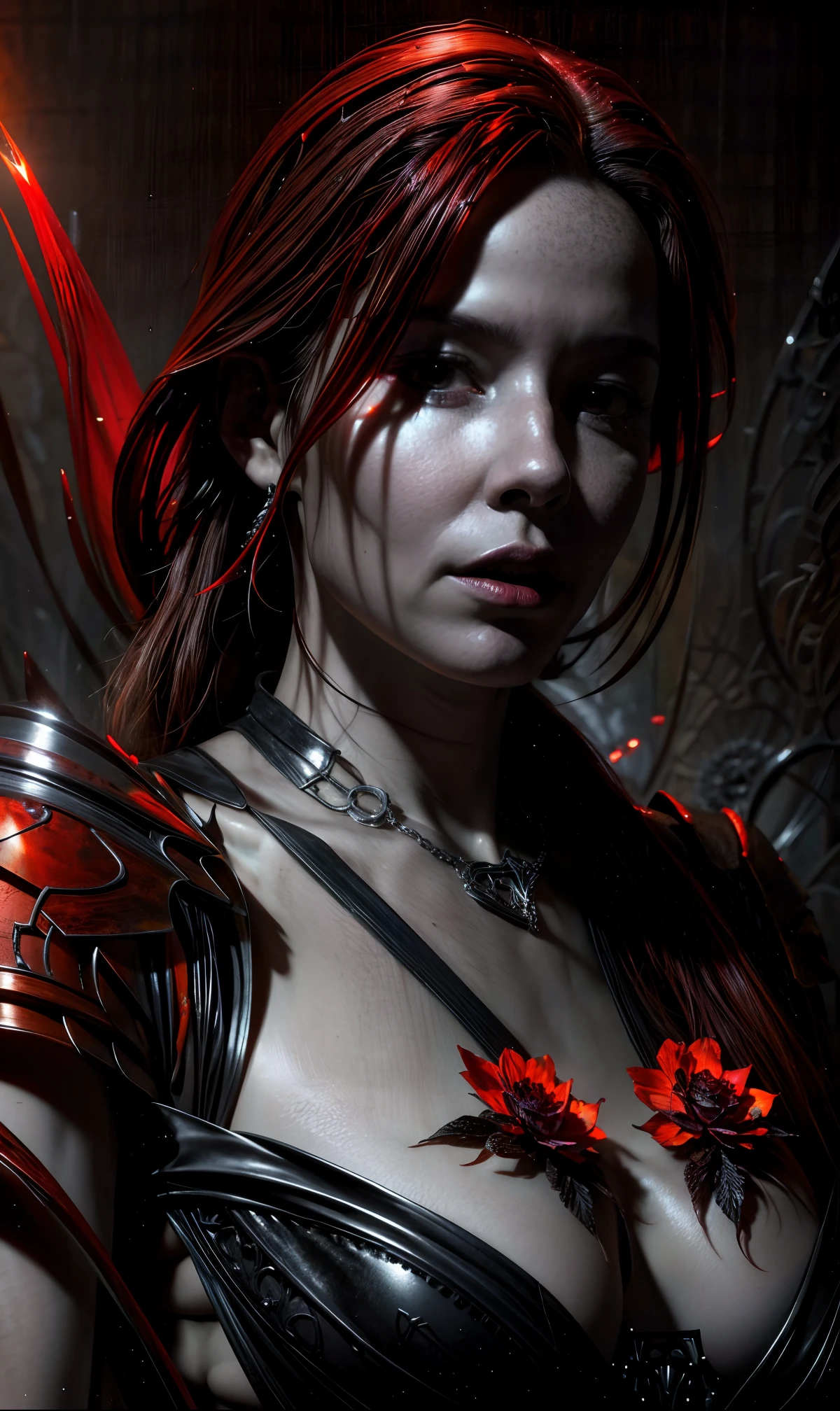 fantasy art by Gerald Brom, Aleksi Briclot, Bastien Lecouffe-Deharme, queen of demons, black, dark orange, blooming red, cursed necklace, petrifying, unearthly, fiendish, malevolent, masterpiece, high resolution, HD, 8k, best quality, intricate