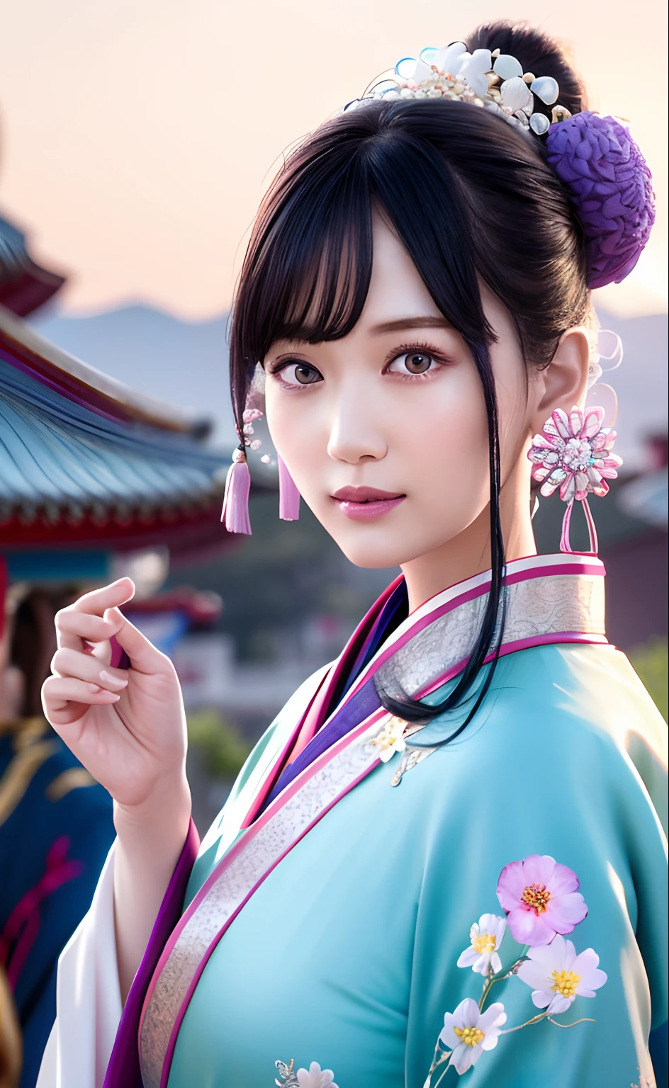 Mature girl ，Purple Eye，Blue-white hair color，Floating hair，Delicate and agile eyes，intricate damask hanfu，Gorgeous accessories，wearing pearl earrings，FOV，F/1.8，tmasterpiece，ancient Chinese architecture，Pink Sky，flower petals flying，Frontal portrait shot，Chang'e，Side lighting，The sun is man々illuminating the，8K