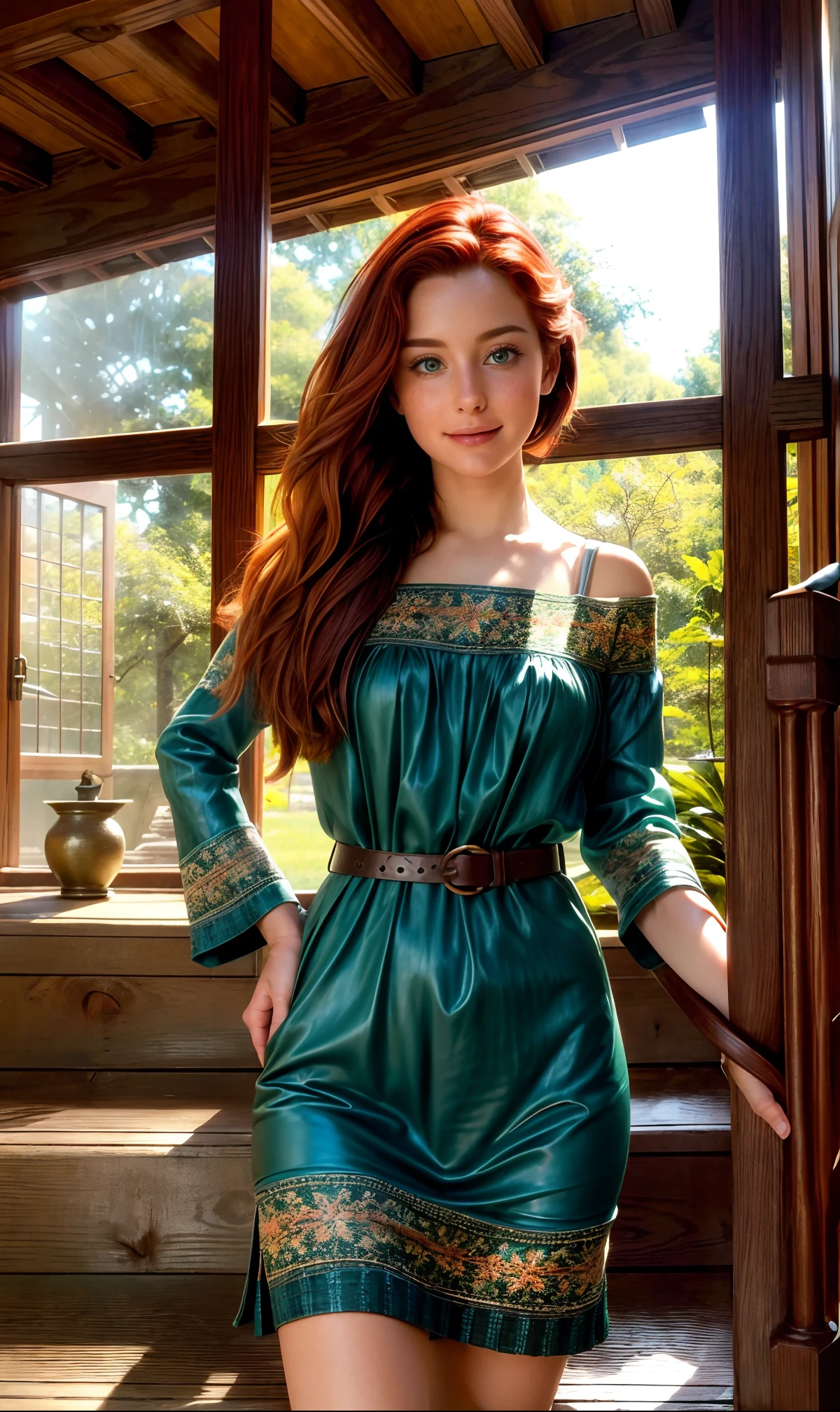 (((Ultra detailed, beautiful face, Megapixel))) Amidst a charming and rustic countryside manor, a spirited and free-spirited young woman explores a quaint ((wooden spiral staircase)). Her ((auburn curls)) bounce playfully with each step she takes, and her ((expressive green eyes)) are filled with curiosity and joy. She wears a bohemian-inspired dress with a flowing skirt adorned with whimsical floral patterns, echoing the beauty of the surrounding gardens. A handwoven leather belt cinches her waist, adding a touch of rustic charm to her ensemble. Her attire is completed with a pair of comfortable and stylish leather boots, perfect for wandering through the enchanting manor. With an adventurous spirit, she ventures up the spiral staircase, her fingers lightly brushing against the wooden handrail. The manor's interior is filled with warm and inviting colors, and sunlight streams through the windows, casting playful shadows on the staircase. The gentle sounds of birds chirping and leaves rustling add to the idyllic and peaceful atmosphere, inviting her to embark on a delightful exploration of the manor's hidden nooks and crannies.