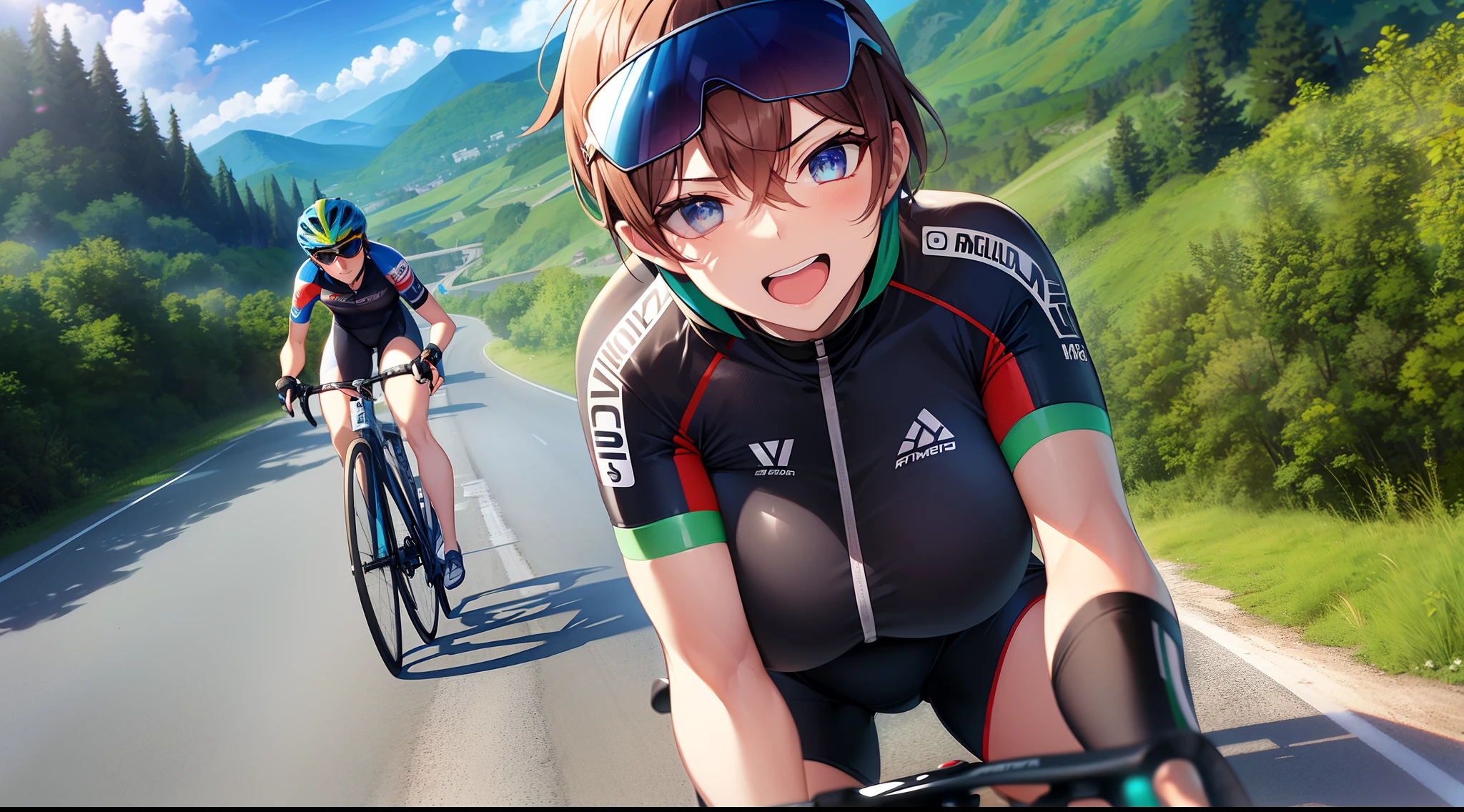 Anime anime girl riding a bike down a road with a mountain in the  background - SeaArt AI