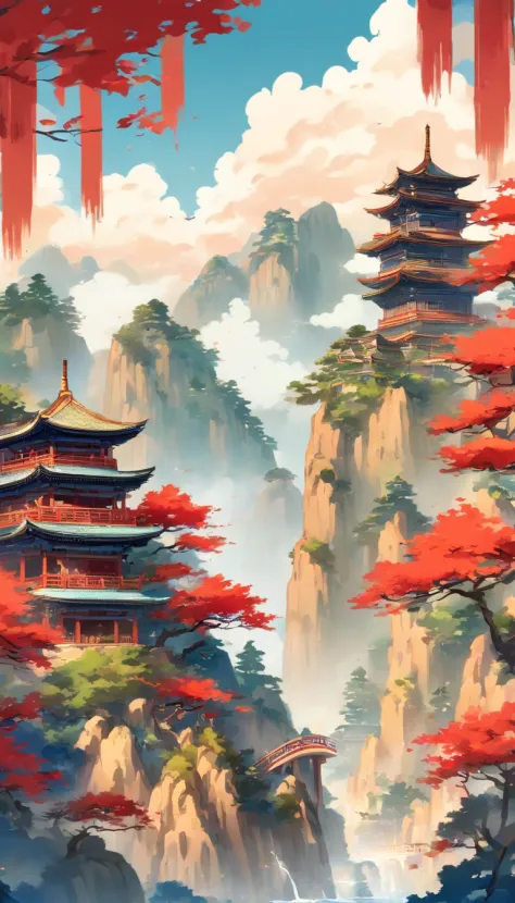 background depicting a temple， oriental wallpaper， Chinese landscape， Japanese Landscape， Chinese style， japanese art art， Japanese style painting， Ancient Chinese architecture， Chinese architecture，Pure blue sky，Beautiful tree，Red-blue tones，Figurative ch...