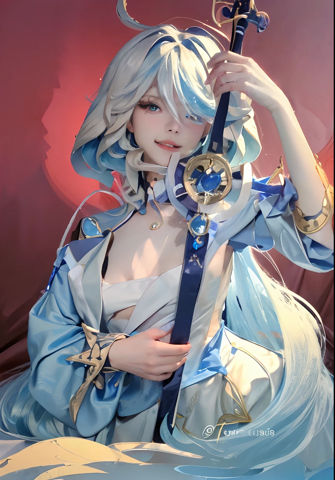 ((Best picture quality, 8K, tmasterpiece:1.3)), 1 girl like. Furina Beautiful woman with slender abs:1.3, (white blue hairstyle like a furina in genshin impact, No leakage of big breasts:1.1), V-neck dress:1.1, Silk dress，Ultra-fine face, A detailed eye, 二重まぶた，ssmile，Home，adolable，parted lip，japanaese girl，a baby face