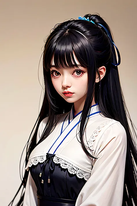 cute japanese girl, long black hair, lolita dress black blue