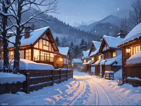 Snow-covered village in winter, snow falling from the sky, evening