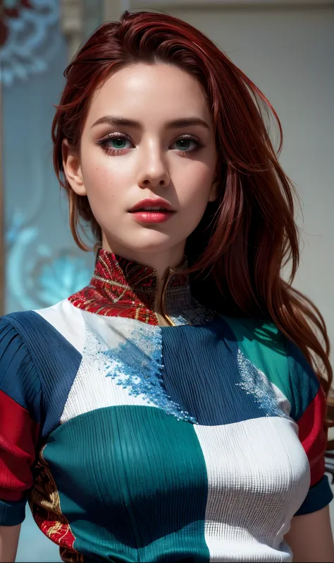 (((Ultra detailed, beautiful face, Megapixel))) Capture a striking and visually captivating photo realistic image featuring a female model whose features and attire are inspired by the colors and symbolism of the Uk flag. The model possesses captivating (e...