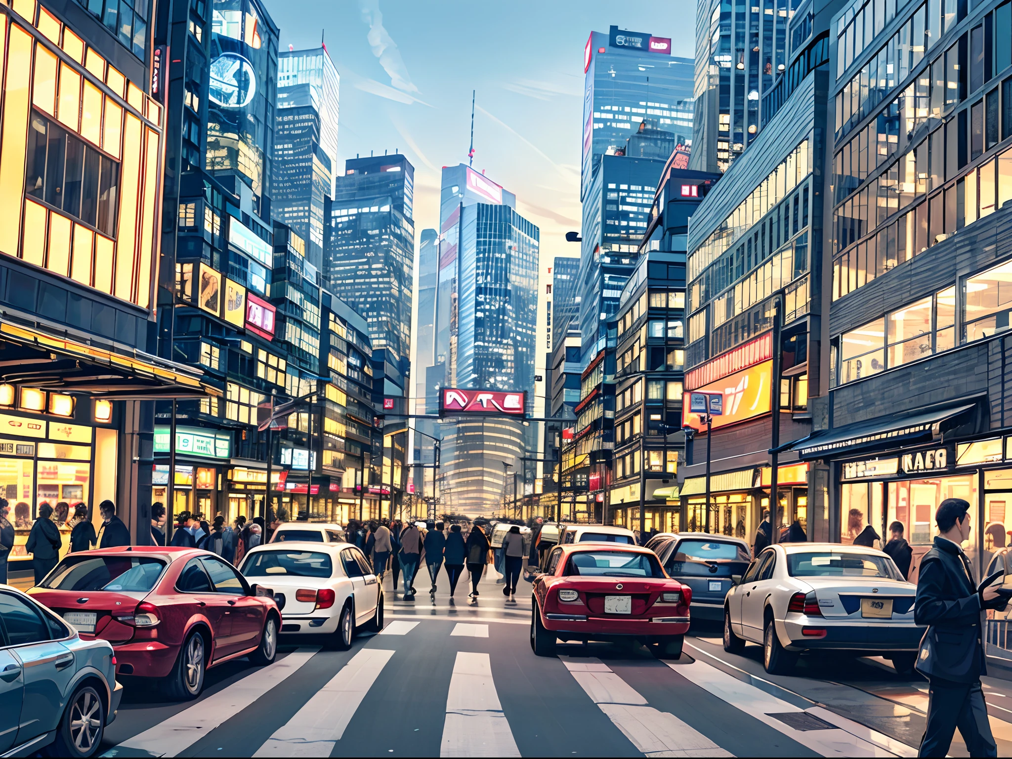 A vibrant cityscape with bustling streets, cars, and people.