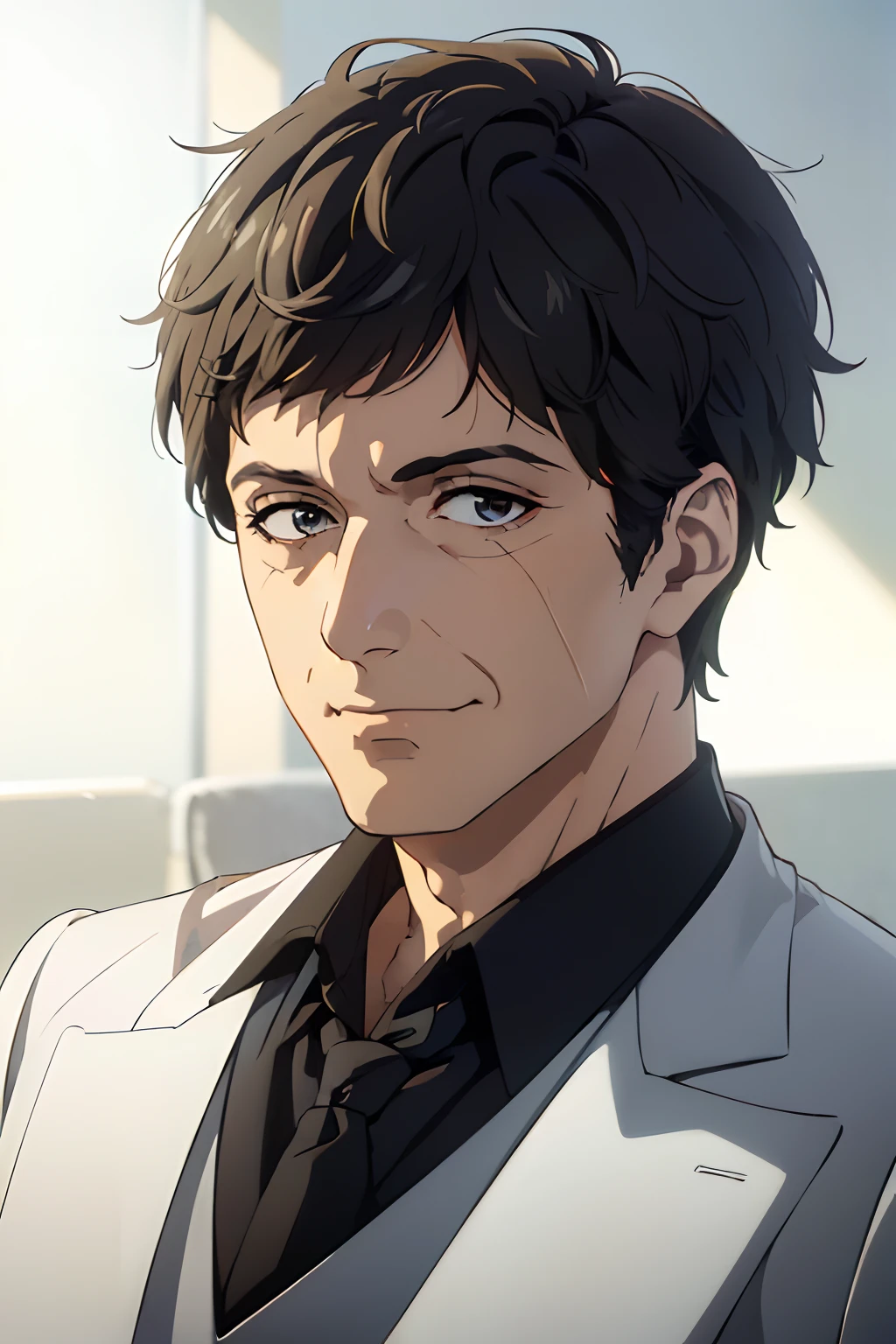 ((aps1)), headshot, man, solo, man in suit,upper body, Miami background, no background, PNG, natural lighting, no shadows, ultra detailed, 80mm, 4k, 8k, 8k, intricate, high resolution, (((mature male 1.6))),anime, evil smirk,