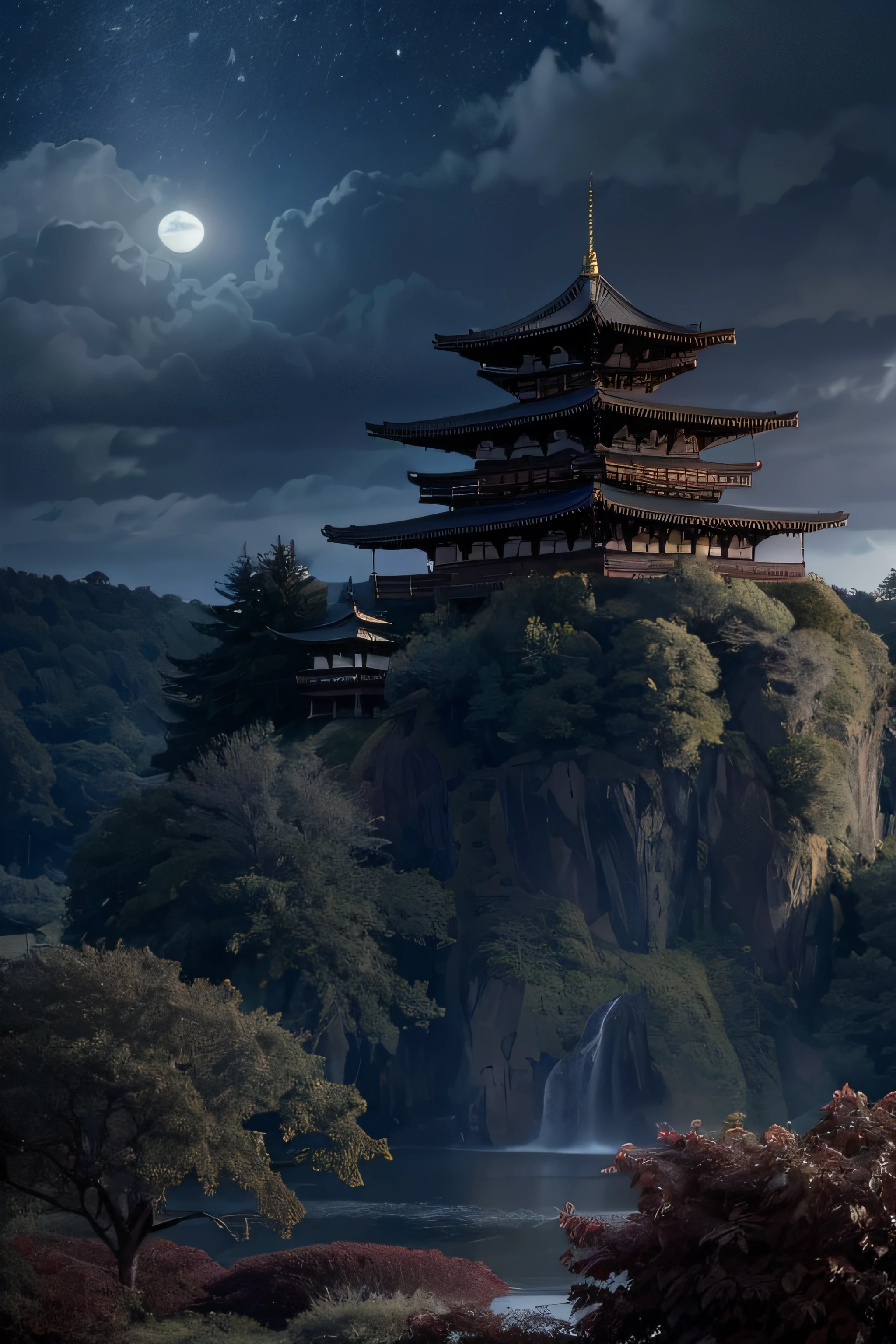 tmasterpiece，Best quality at best，high qulity，Extremely detailed CG unified 8k wallpaper，exteriors，Skysky，​​clouds，the night，without humanont，The Chinese-style palace sits on a hillside，rays of moonlight，cinemagraph，scenecy，water，The tree，Dark skies, waterfallr, precipice, naturey, lakes, rivers, mostly cloudy sky, award winning photography, bokeh, depth of fields, HDR, blooms, color difference, Reality, The is very detailed, Trends on ArtStation, Trends on CGSociety, iintricate, high detal, dramatics, halfway art
