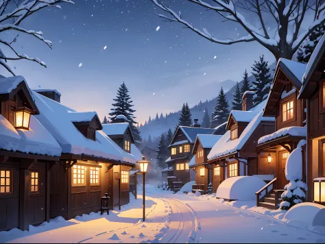 Snow-covered village in winter, snow falling from the sky, evening
