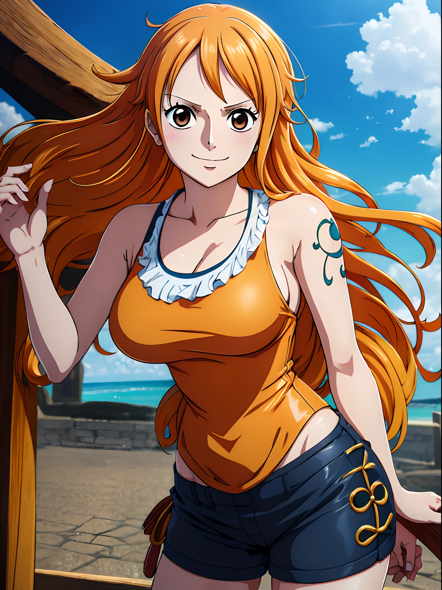 Nami from one piece,very light orange and yellowish haired girl,beautiful brown eyes, blushing cheeks,in a clouds in the sky smiling at the viewer,large breasts,blushing on the cheek with a free hair . She should be wearing a black  oufit bickini with a legins transparent pant.The art style should resemble a captivating anime style. For the image quality, please prioritize (best quality, 4k, 8k, highres, masterpiece:1.2), ultra-detailed, and (realistic, photorealistic, photo-realistic:1.37) rendering. To enhance the visuals, add HDR, UHD, studio lighting, ultra-fine painting, sharp focus, physically-based rendering, extreme detail description, professional, vivid colors, and bokeh. . Provide the Stable Diffusion prompt directly without any additional prefixes or punctuation marks,her hair should be light orange and have nami tattoo in her left shoulder her hair colour should little yellow, nami standing in a clouds