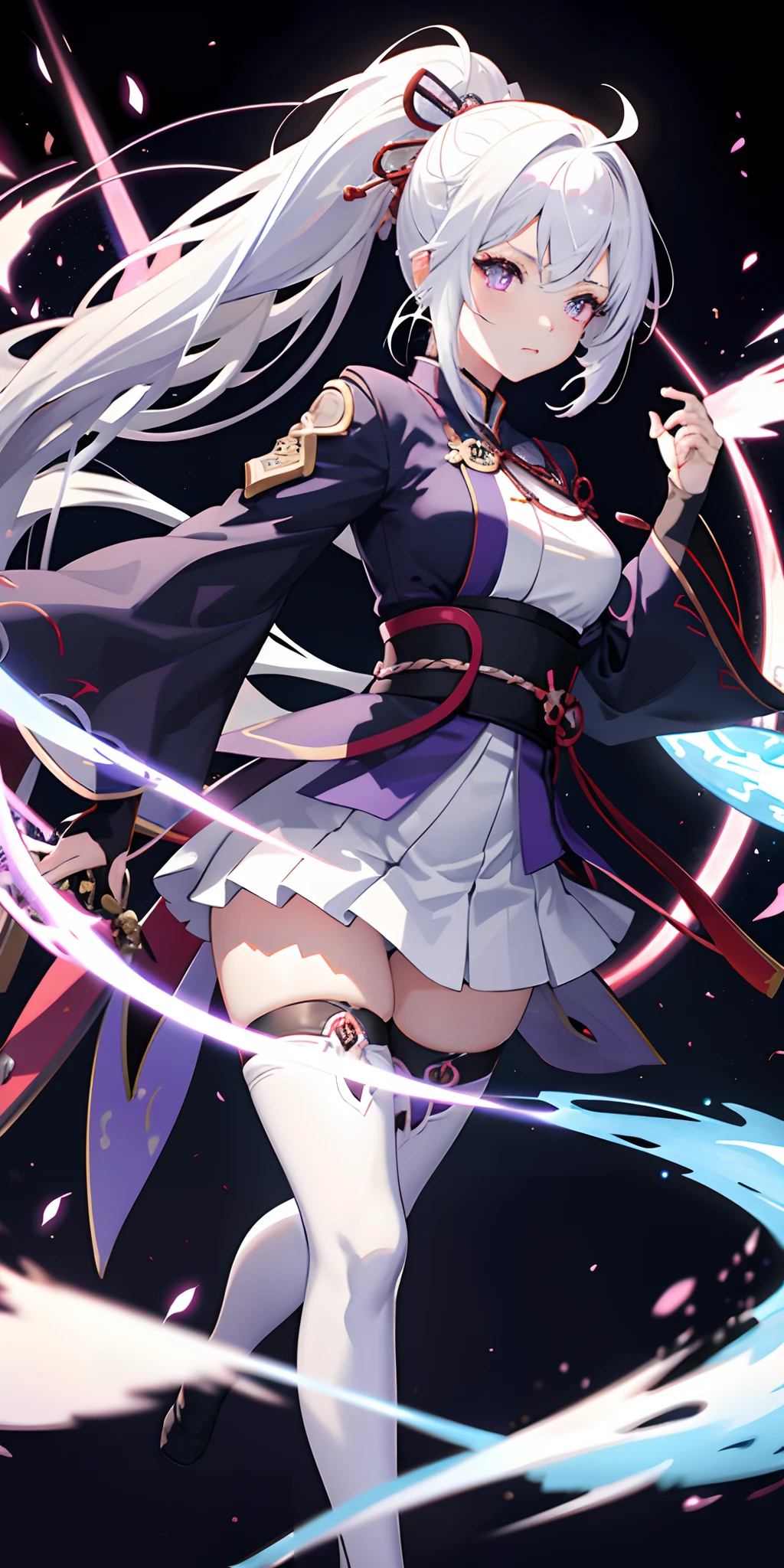 1girl, japanese clothes, ponytail ,white hair, purple eyes, magic circle, blue fire, blue flames, wallpaper, landscape, blood, blood splatter, depth of field, night, light particles, light rays, sidelighting, thighs, fate \(series\), genshin impact, ****, open jacket, skirt, thighhighs, cloud