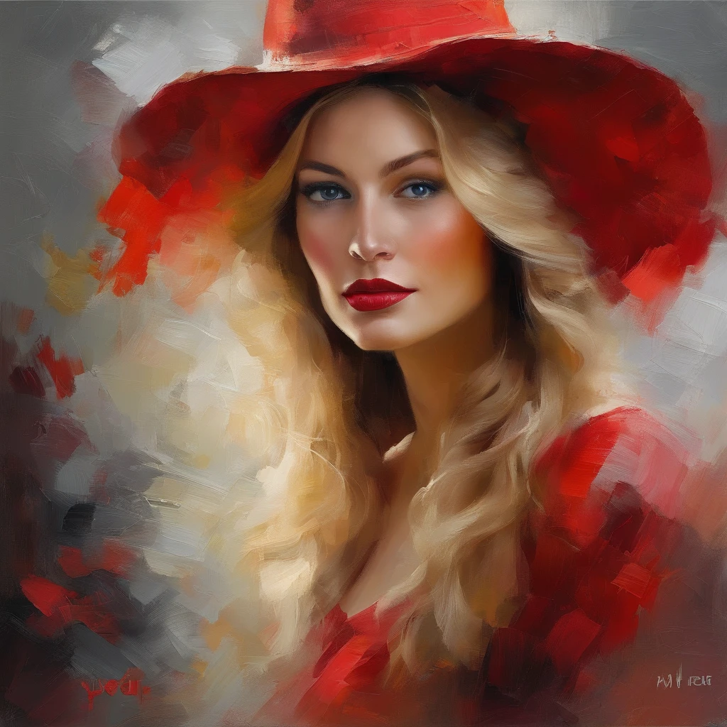 painting of a woman with a red hat and white dress, long blond hair, eyes looking directly at us, head in center of frame, elegant digital painting, beautiful portrait acrylic painting, wlop painting style, heavy brush strokes in textured paint, gorgeous digital painting, in style of Junyi Liu, beautiful character painting, fine art portrait painting, epic background, beautiful art uhd 4 k