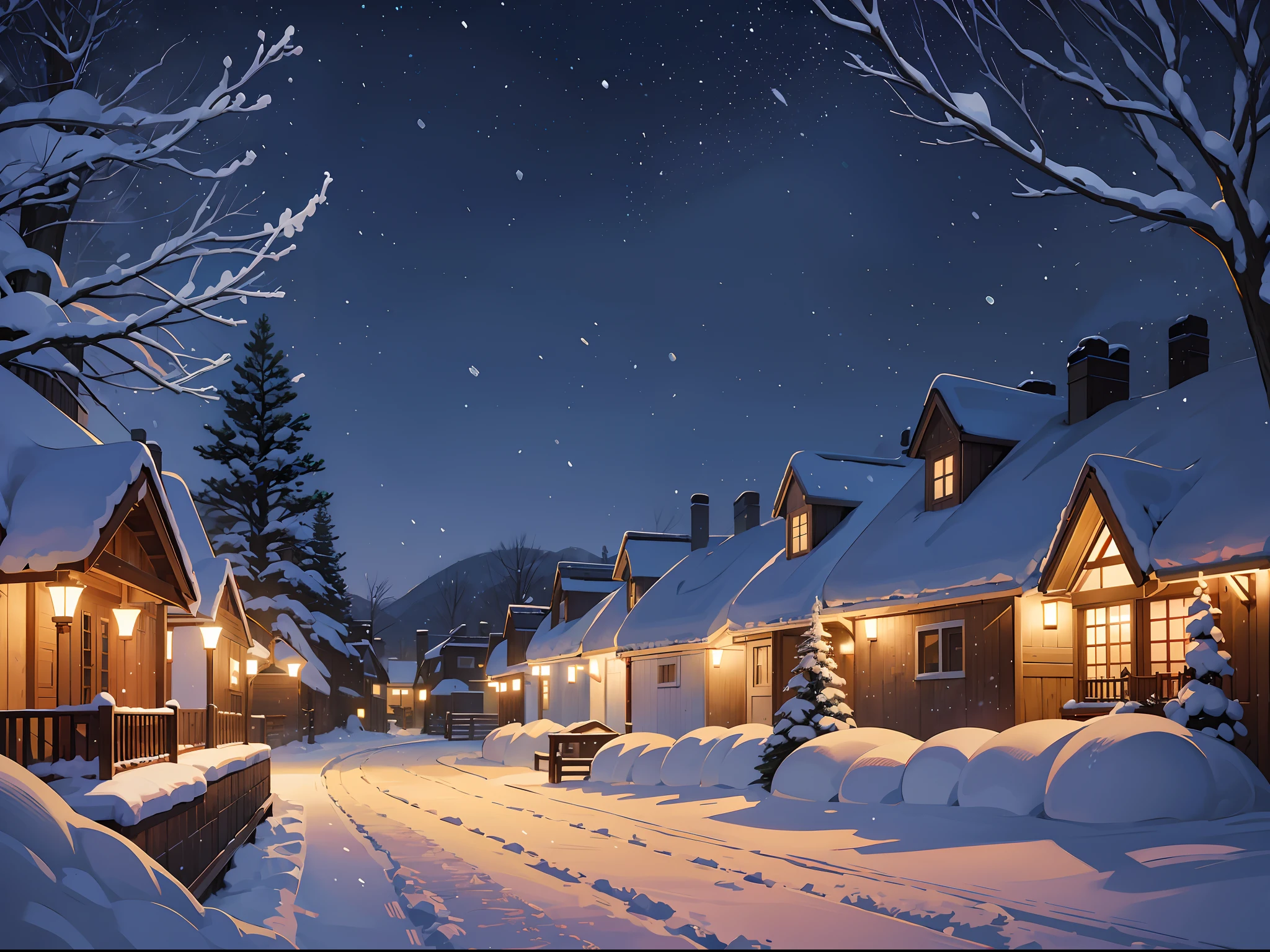 Snow-covered village in winter, snow falling from the sky, evening