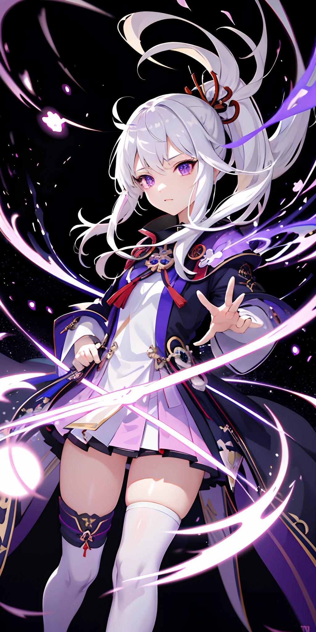 1girl, japanese clothes, ponytail ,white hair, purple eyes, magic circle, blue fire, blue flames, wallpaper, landscape, blood, blood splatter, depth of field, night, light particles, light rays, sidelighting, thighs, fate \(series\), genshin impact, ****, open jacket, skirt, thighhighs, cloud