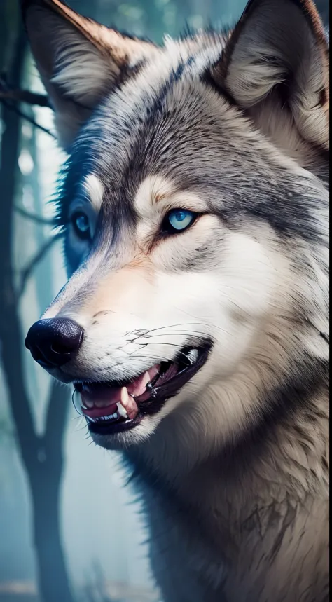 wolf, blue eyes, forest, scar on the face, ready for fight, angry face, teeth --auto