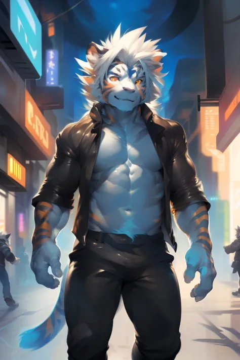 (by null-ghost, by thebigslick, By Darkgem, by Honovy), Kogenta (Onmyoji Daisenji), Anthropomorphic white tiger, Blue fur, streaked, Solo, wears, Leather jacket, Orange-yellow eyes, Front view, Tail, White hair, street, toyko, akihabara, Neon lights