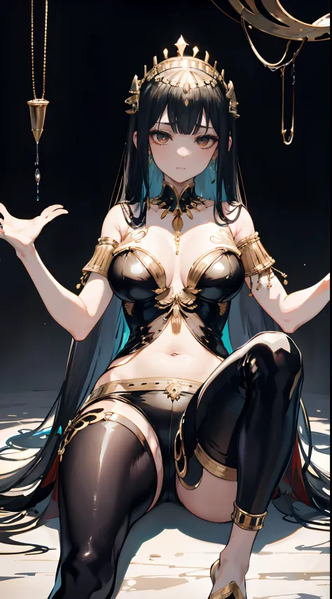 Cleopatra， the feet，is shy， Feet，clear liquid，Bigchest，soaking wet，Emotive expressions，Ambiguous，taunt，There is no lower limit，black lence stockings，a queen，leather pant，the expression is mocking，Sit and open your legs，condescending