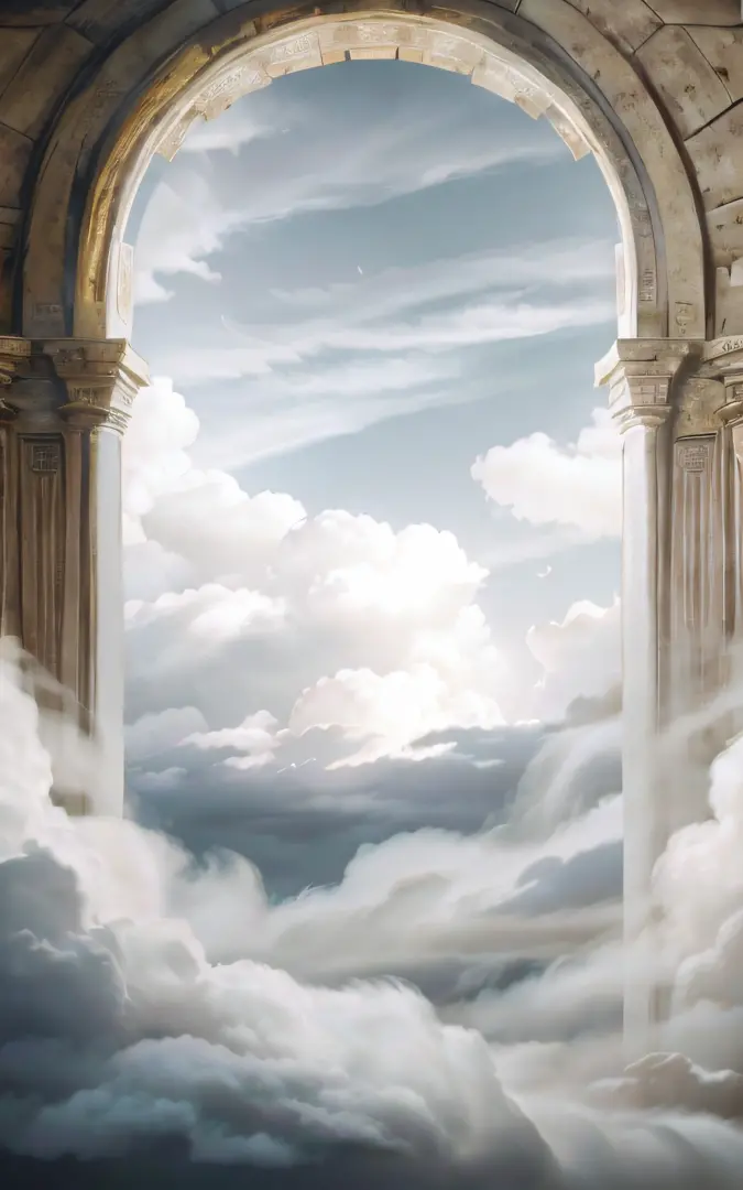 There is a large arch with pillars in the middle, paradise background, heaven gate, heaven gate, Magic portal in the sky, Magical cloudy background, heaven gate, heaven gate, Glowing sky paradise