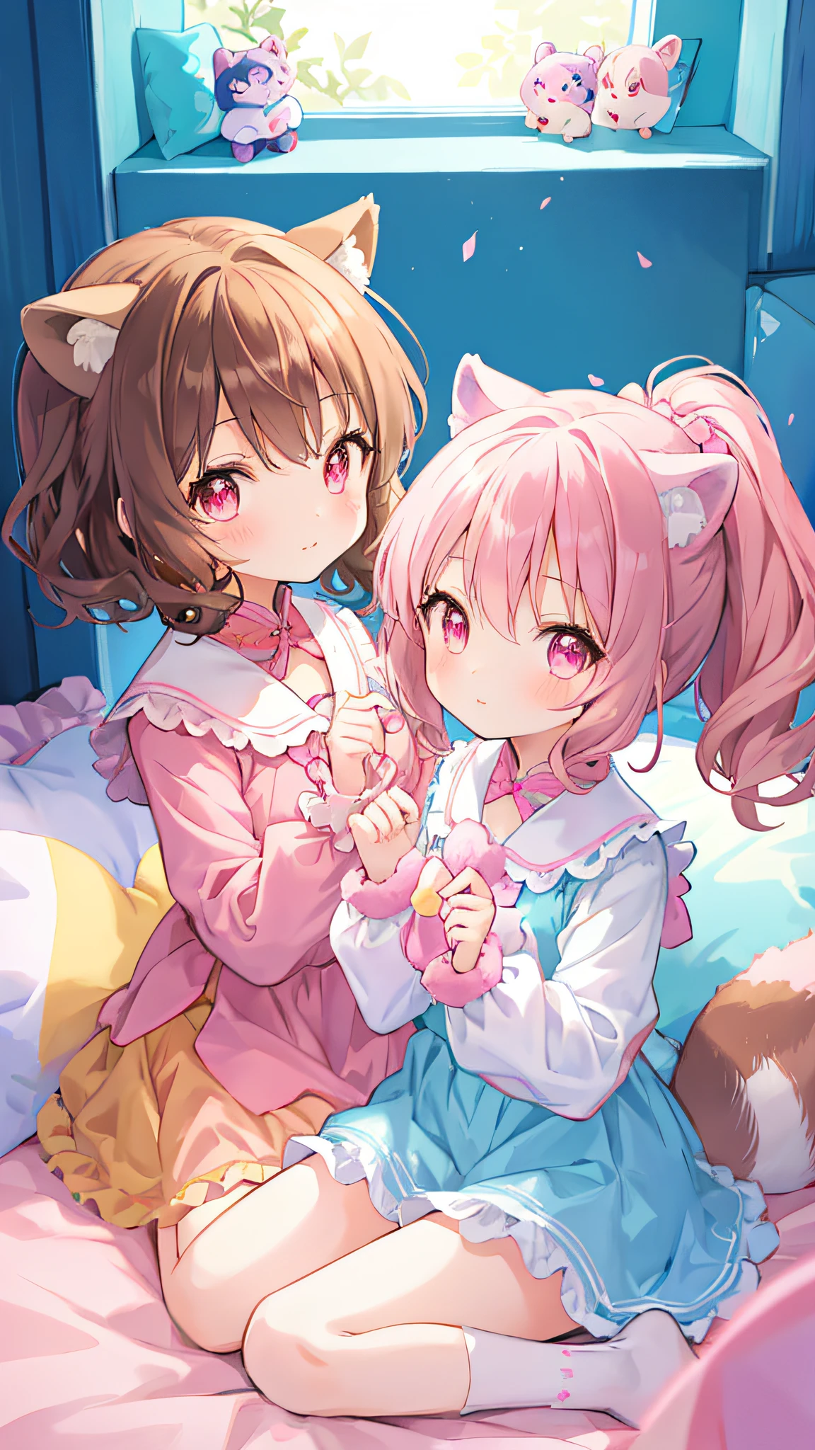 Beautiful illustration、top-quality、Cute twin girls、Bedroom、PastelColors、Fluffy raccoon ears、Petite、brown haired、Bright lighting、bright pink eyes、Pony tail