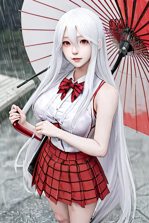 Japanese female student, Very long white hair., Red-white bra, Plaid skirt, Standing with an umbrella in the rain