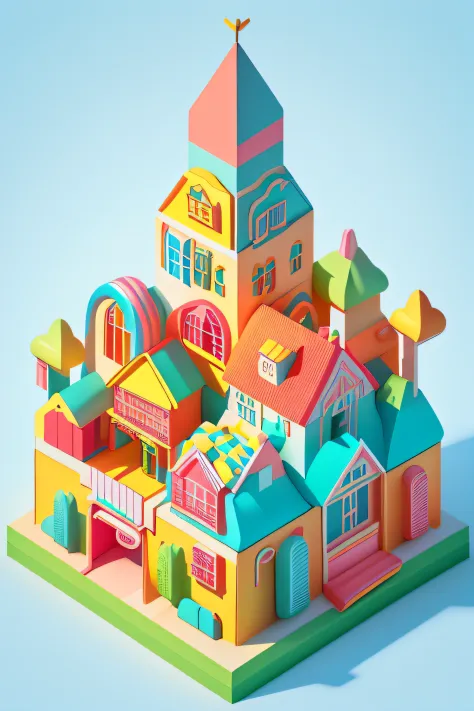 Isometric house，(A 45-degree view from above)，cartoony，Candy   House，coloredballoons，Lovely building，huge candy-like signboard，An amusement park，Blank background，Clear structure，Correct light and shadow，3Drenderingof