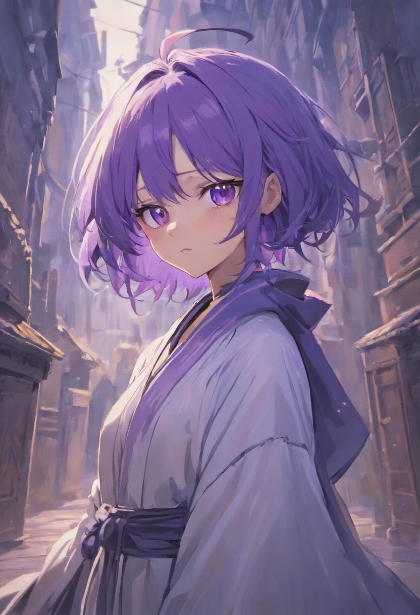 женщина с фиолетовыми волосами и в белом халате стоит в узком переулке -  SeaArt AI