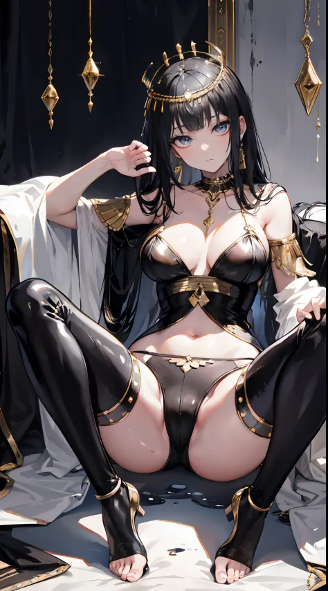 Cleopatra， the feet，is shy， Feet，clear liquid，Bigchest，soaking wet，There is no lower limit，black lence stockings，a queen，leather pant，The expression is arrogant，Lie down and open your legs，ridicule，high-heels