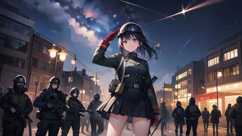 A girl in a military uniform，grinning smile，Shy，Warm street lights，down town，Superskirt，Saluting，Wear a steel helmet，The steel helmet has a solid red five-pointed star，Long legs are exposed，Shooting stars dart across the sky，Riot police confront the crowd ...