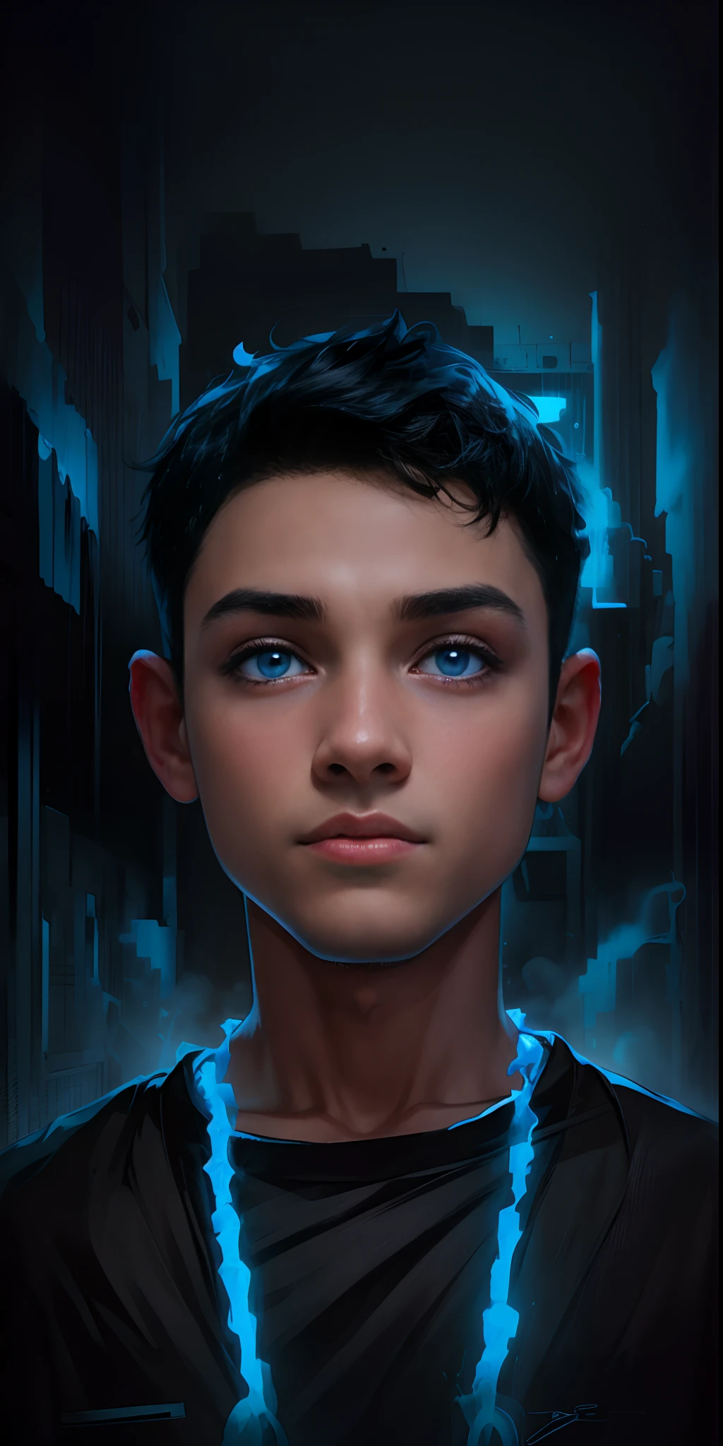 Boy made in abys, black hair, in the darknessBoy made in abys, black hair, in the darkness, blue eyes, blue background ,ultra 8k hd