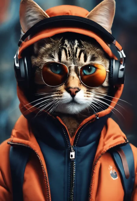 Perfect centering, Cute cat, Wear a student team jacket, Wearing sunglasses, Wearing headphones, cheerfulness, Standing position, Abstract beauty, Centered, Looking at the camera, Facing the camera, nearing perfection, Dynamic, Highly detailed, smooth, Sharp focus, 8K