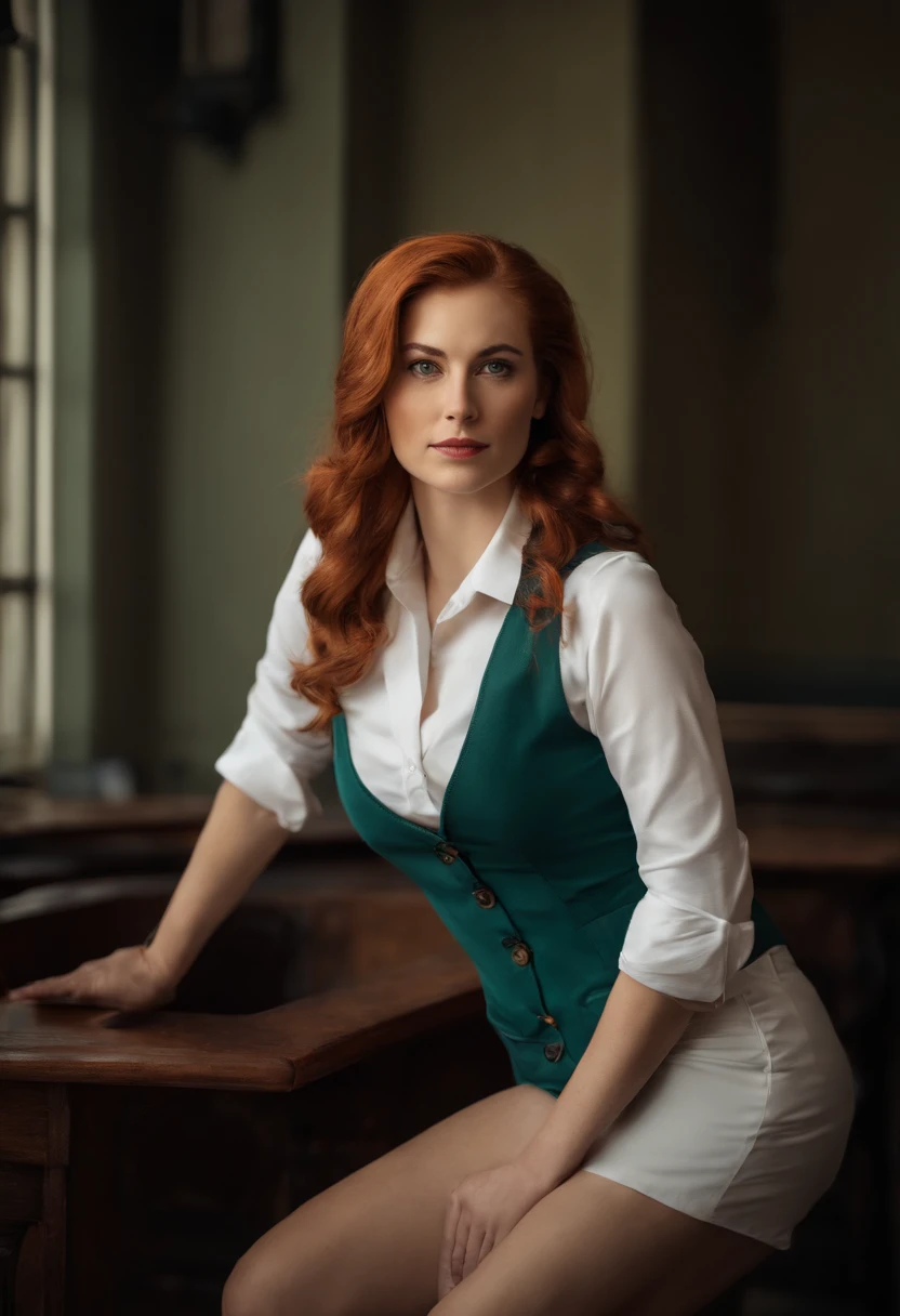 A woman with red hair sitting on a desk in a green vest - SeaArt AI