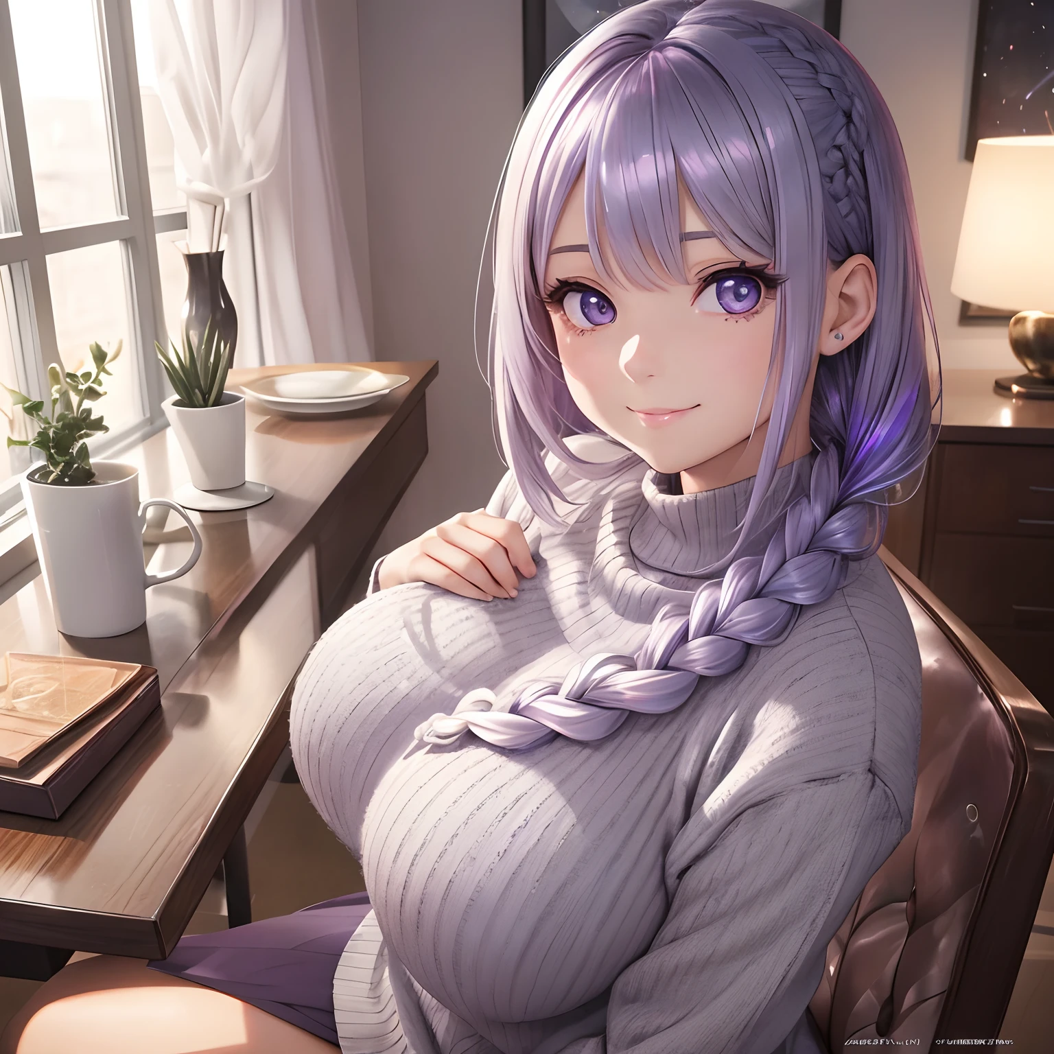 finest image, portrait, cute lady, happy, shy, ash gray glossy braided bangs iridescent short hair, light purple sparkling big eyes, huge breasts, great proportion, brown fluffy sweater, sitting, breasts are on the table, background, room, chair, table, professional lighting, anime, manga, illustration