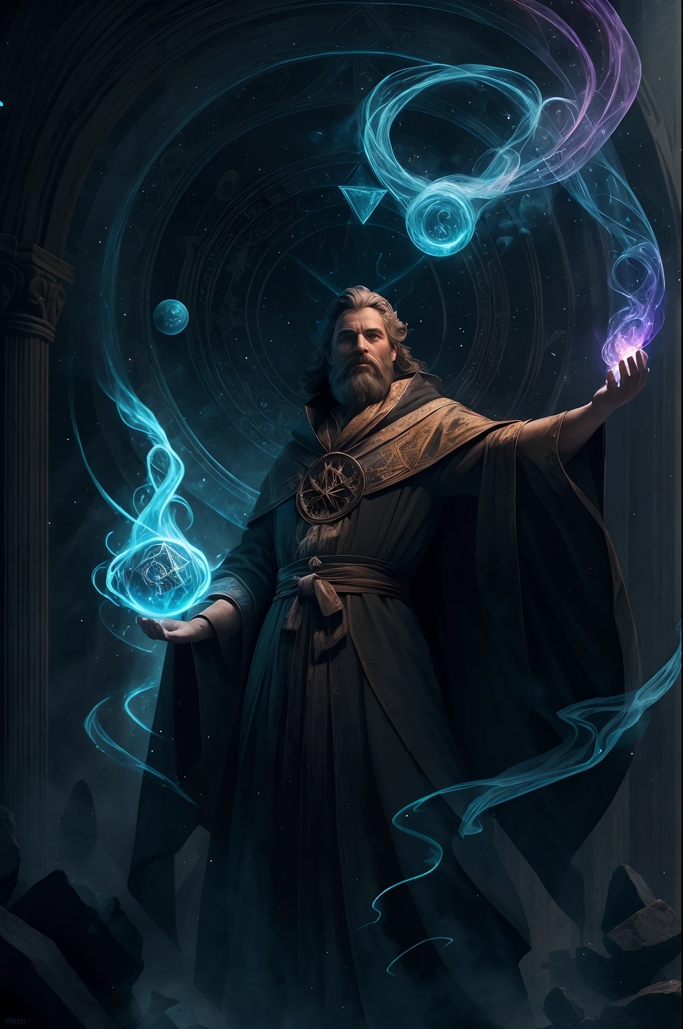 (A high resolution:1.2),Robe wizard with flowing cloak,casting a powerful spell,Raise your arm with one hand and soar into the sky,Summon a dazzling beam,A magical mark is created in the sky,Glowing runes and symbols rotate in the air,The other hand levitates with a magic wand,The beard and hair flow with mysterious energy,A crackling aura of magical energy surrounded him,Majestic and old atmosphere,Mysterious smoke and sparks,Faintly glowing eyes,A powerful incantation on the lips,Magical energy beating from your fingertips,The background is full of ancient ruins and mysterious artifacts,Cast spells that distort reality and distort space,A wisp of subtle magic fog,Full of otherworldly power,Cast spells of immense power,Concentrate and concentrate expression,Starry sky and celestial constellations,Sparkling bright colors,Illuminated by enchanting moonlight,Cast a spell back into the universe.