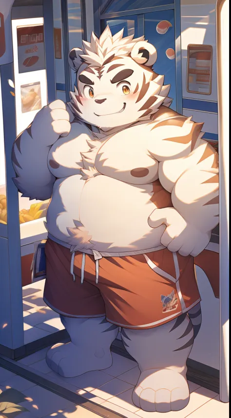 tmasterpiece，Anthropomorphic white tiger，male people，26 year old，Thick eyebrows，White hairs，hairy bodies，Strong body，large pecs，Bare topless，Red shorts，Stand in front of a convenience store，Wave goodbye，ssmile，looking toward the viewer，Golden pupils，adolab...