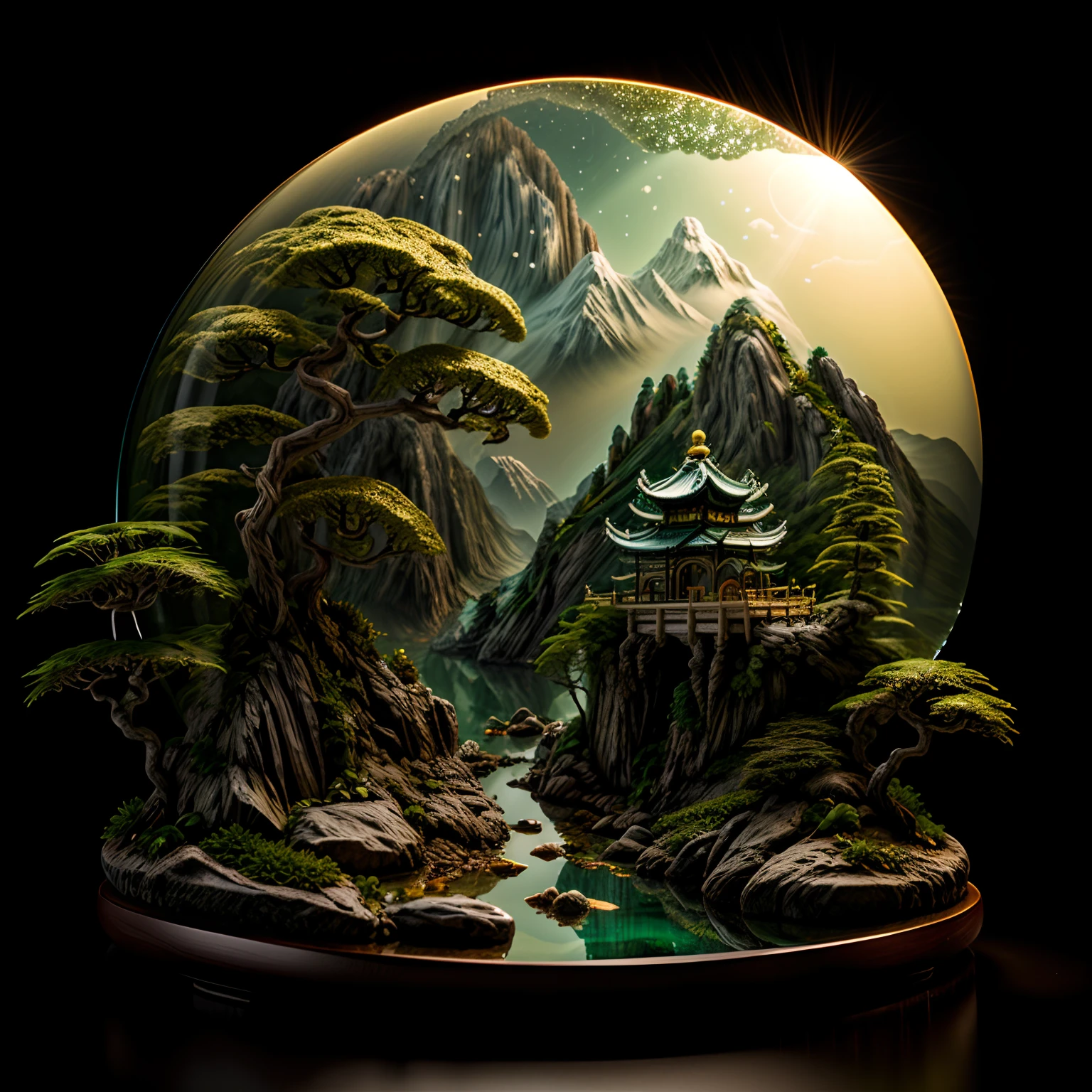 Photorealistic,a 3D render,Realistis,Miniature,Bonsai in a box，Palace on the moon，
Golden,Golden decoration,Circular ring LED flexible rope light,fluorescent light,Floating,Inner glow,Glowing,Emerald and gemstone texture,(((jin shan))),(waters),Golden Pavilion,A plant,Jadeite and jadeite jewelry,Pure pearls,
(Golden auspicious clouds:1.1),Towering trees,Strip light,Mountain road,Strip light,Backlight,transparent acrylic,edgBunny:1.2