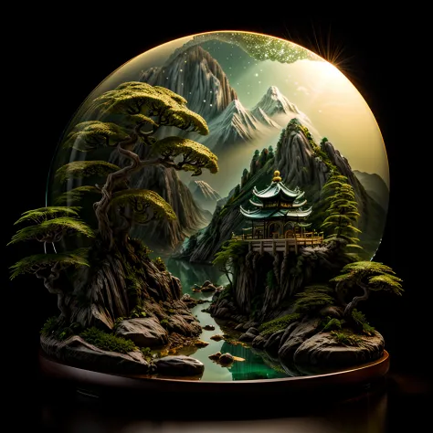 Photorealistic,a 3D render,Realistis,Miniature,Bonsai in a box，Palace on the moon，
Golden,Golden decoration,Circular ring LED fl...
